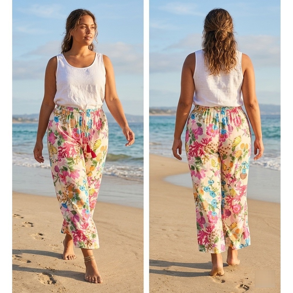TRUE DESTINATIONS Women's L Wide Leg Floral Shell Palazzo Pants Cover Up #1733